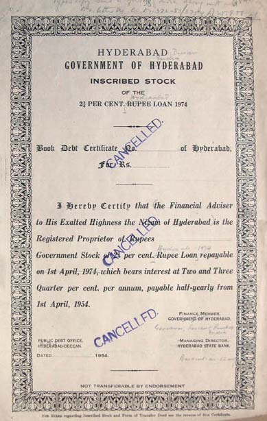 A Government Stock Certificate Issued by the Princely State of Hyderabad